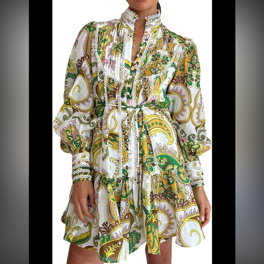Button-Front Long Sleeve Dress in Green, Yellow & Cream